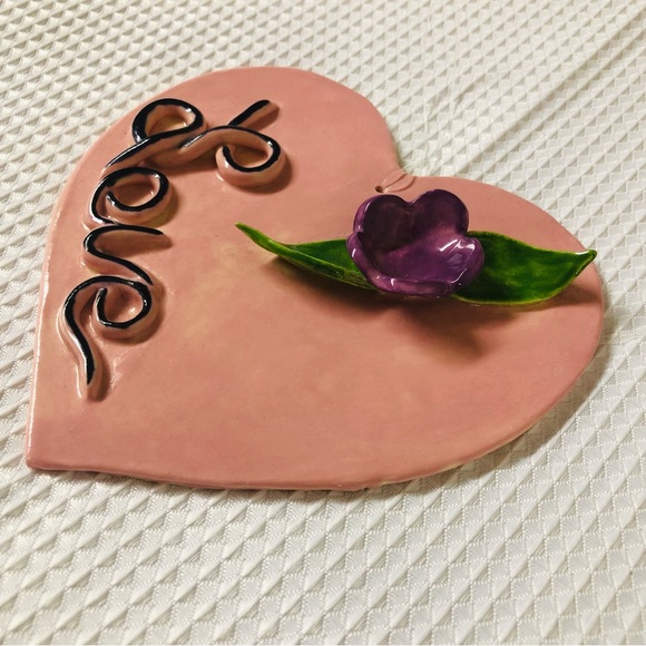 Mango Tree Studios Ceramic Heart Love Flower Wall Accent Artisan PJS Signed OOAK - Picture 6 of 12